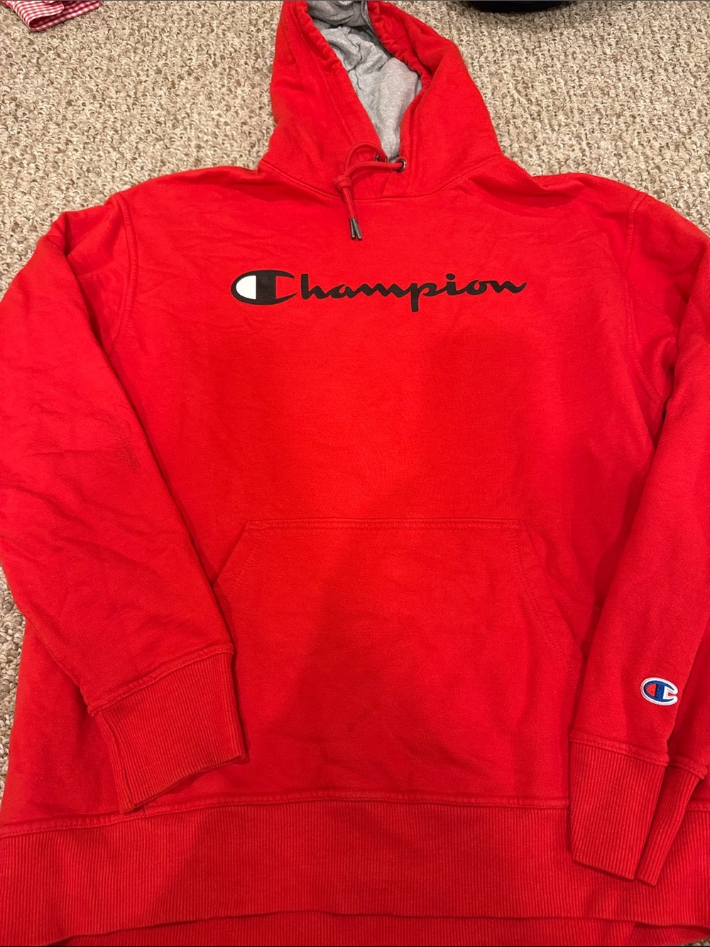 Champion Red Pullover Hoodie with Black Script